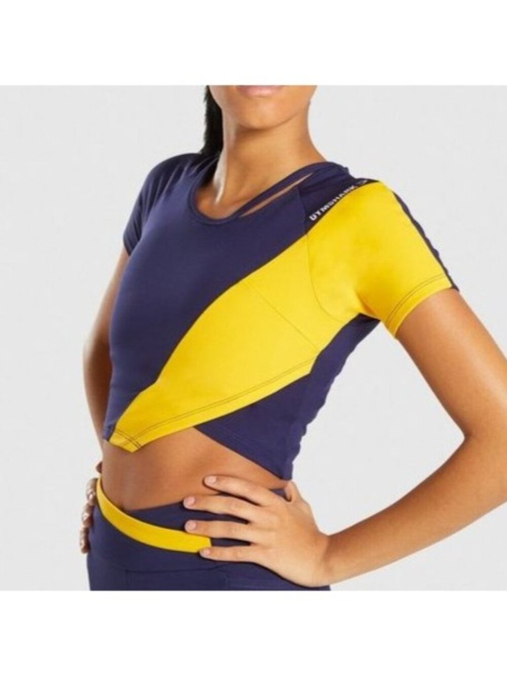 Gymshark Size M Evening Navy Blue/Citrus Yellow Asymmetric Crop Top NWT